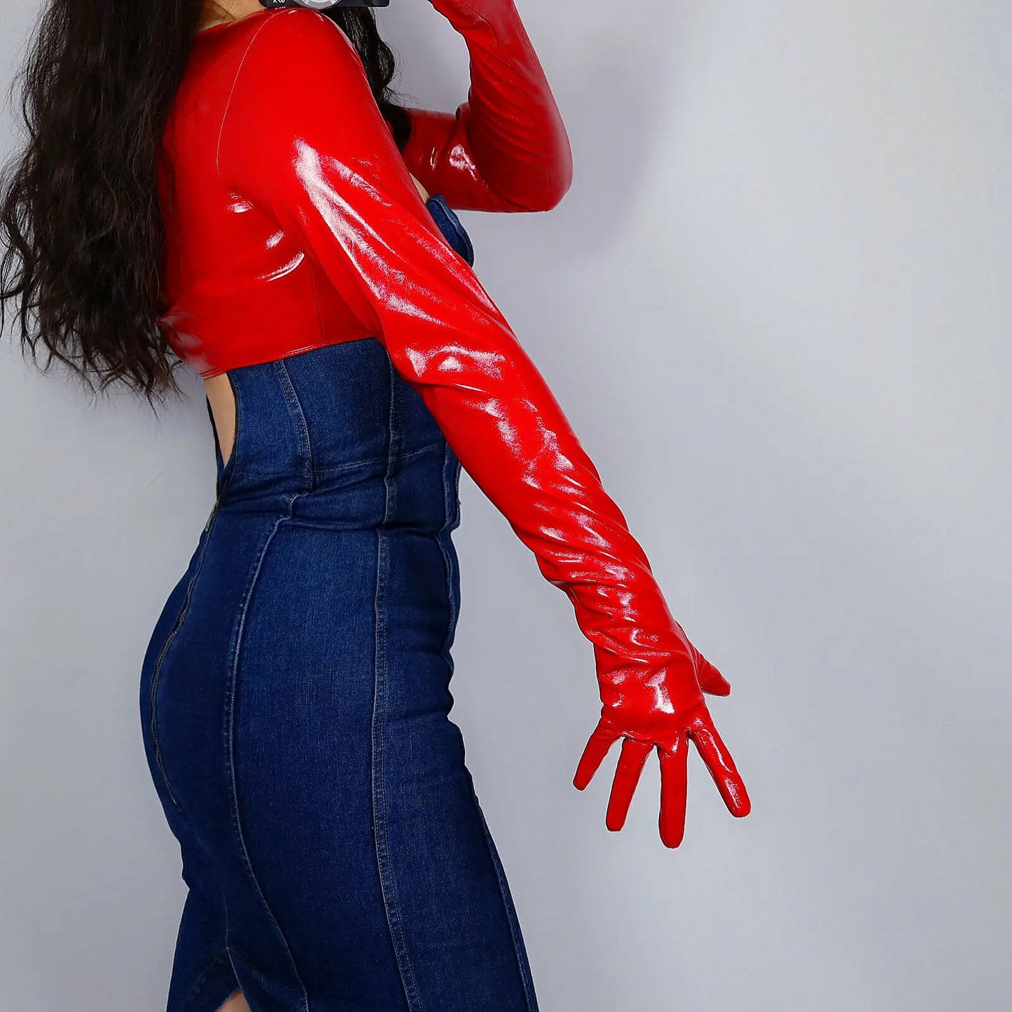 Guantes DooWay para mujer, bolero, chaqueta de piel sintética roja de látex, jersey corto, disfraz de Halloween, guante de noche