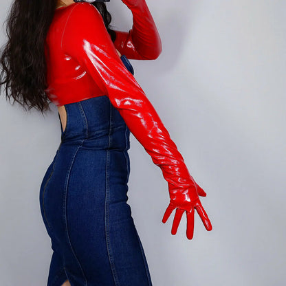 Guantes DooWay para mujer, bolero, chaqueta de piel sintética roja de látex, jersey corto, disfraz de Halloween, guante de noche