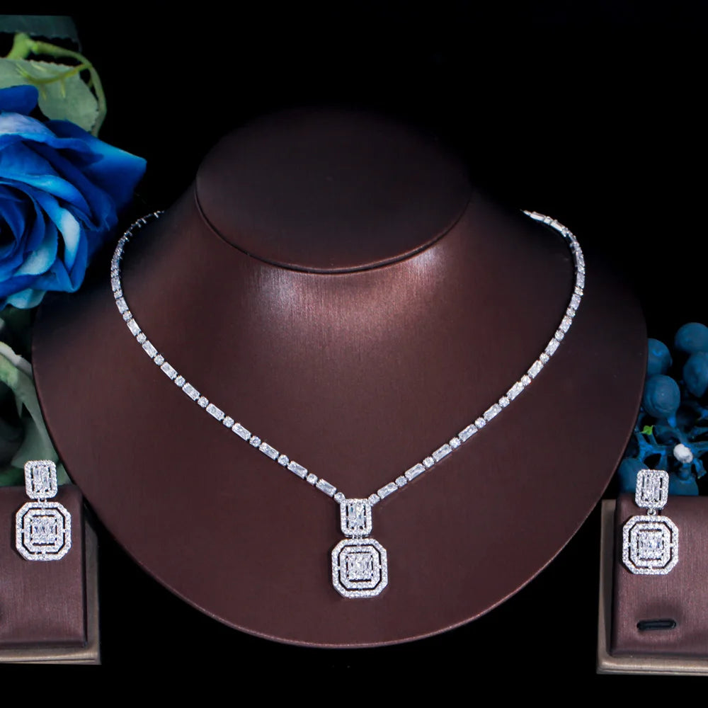 Conjunto de pendientes y collar con forma de cuadrado geométrico de ThreeGraces, conjunto de joyas de moda con cristales de circonita cúbica brillante para mujer, nuevo regalo de fiesta TZ651