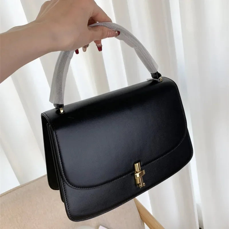 High-end Niche Simple Genuine Leather Metal T-buckle Medium Flip HandBag Square Bag