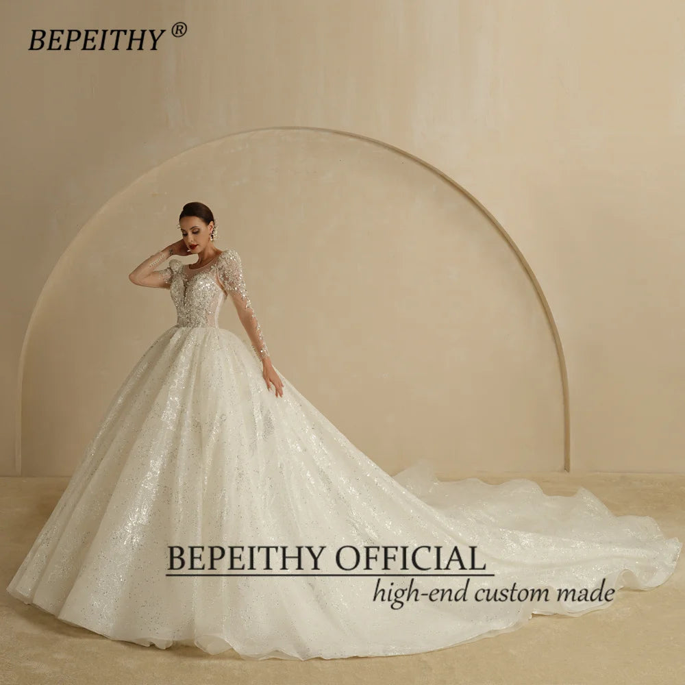 BEPEITHY Exquisite Princess Glitter Wedding Dresses For Women 2022 Bride Ivory Full Sleeves Open Back Shinny Ball Bridal Gowns