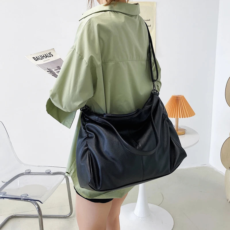 Big Black Shoulder Bags For Women Large Hobo Shopper Bag Solid Color Quality Soft Leather Crossbody Handbag Lady Travel Tote Bag