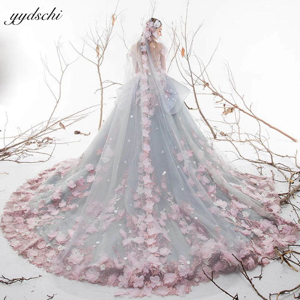 Exquisitos vestidos de novia con apliques de flores 3D 2023, vestidos de novia de princesa con volantes de tul, vestido de novia con cola de corte