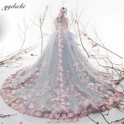 Robes de mariée exquises avec appliques de fleurs 3D 2023 en tulle à volants, robe de bal de princesse, robes de mariée, traine de cour, robe de mariée