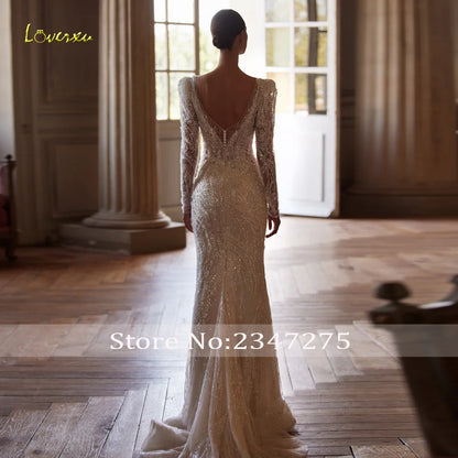 Loverxu Sirène Robes De Mariée De Luxe 2024 Col En V À Manches Longues Robe De Mariée Dentelle Broderie Train Détachable Robe De Mariée