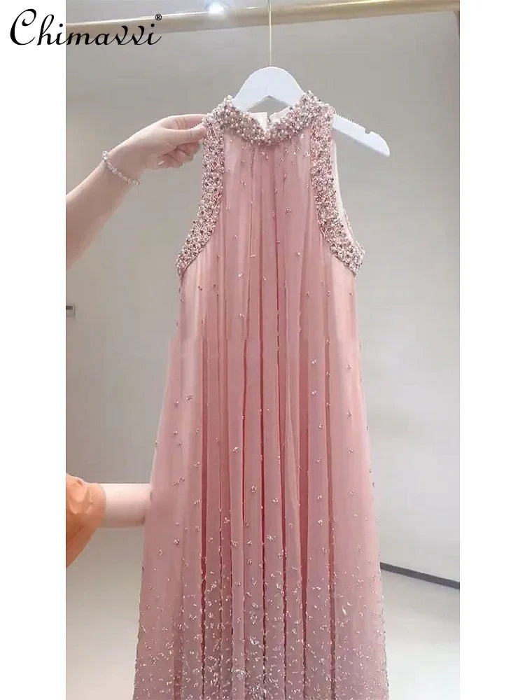 Robe longue de soirée rose à col rond et manches courtes pour femme, tenue de soirée ample et douce, style féerique et industriel, avec perles, été 2024