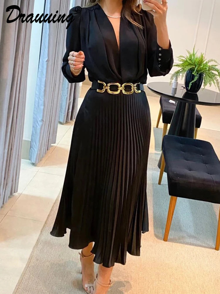 Drauuing Black Ankle Length Dresses Women V Neck Long Sleeve Loose Elegant Office Lady Fold Dresses Women Autumn New