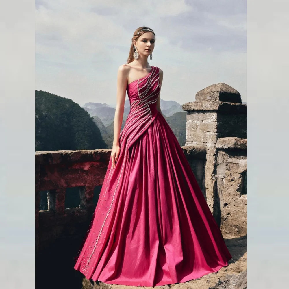 Robe longue en jersey à paillettes et perles froncées, coupe trapèze, asymétrique, sur mesure, pour occasions spéciales