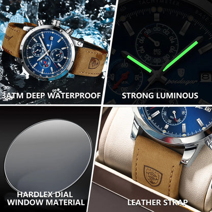 POEDAGAR Reloj de pulsera de lujo para hombre, resistente al agua, luminoso, cronógrafo, fecha, reloj para hombre, deportivo, de cuero, relojes de cuarzo para hombre, reloj masculino