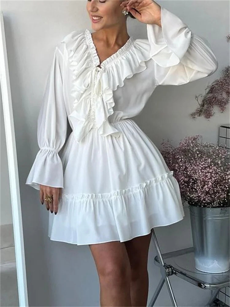 Tossy Ruffled V-Neck White Mini Dress Female Patchwork Long Sleeve Elegant Bandage Fashion Dress High Waist Lace-Up Women Dress