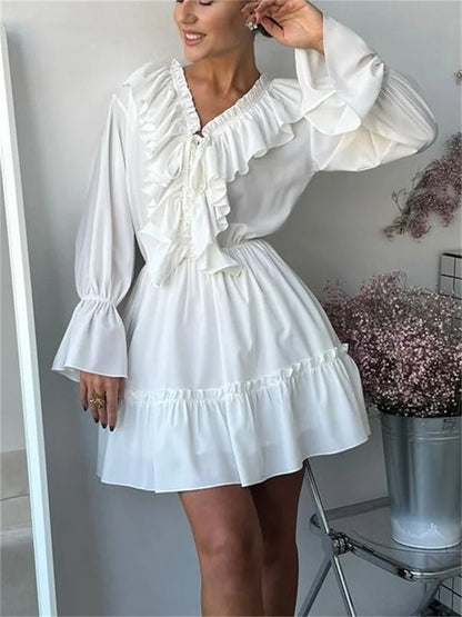 Vestido corto blanco con escote en V y volantes de Tossy, vestido elegante de retazos para mujer de manga larga, vestido de moda con cintura alta y cordones para mujer