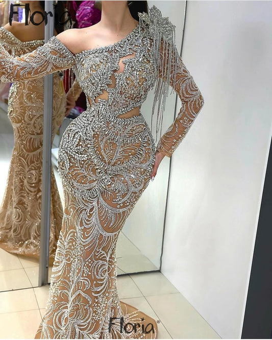 Robe de soirée sirène scintillante en or, robe de soirée de mariage de luxe avec cristaux, robes d'occasion sur mesure, robe de soirée de luxe 2024