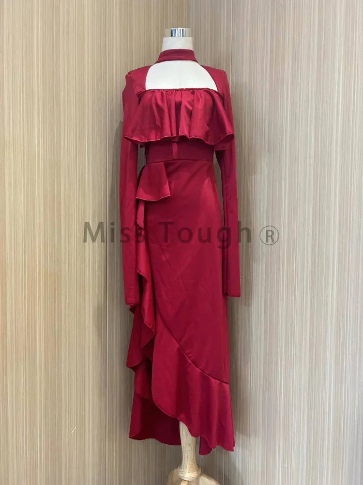 Vestido elegante vintage rojo de otoño para mujer, vestido largo dulce de diseñador con mangas acampanadas, vestido irregular retro de princesa con volantes para mujer 2024