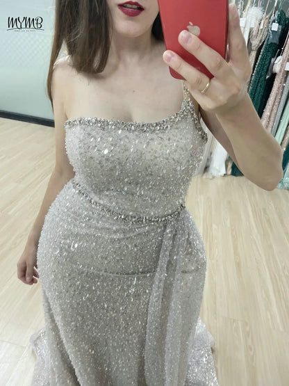 MYMB One Shoulder Spaghetti Straps Glitter Prom Gowns with Side Train for Wedding Party Luxury Mermaid Sequined Evening Dresses