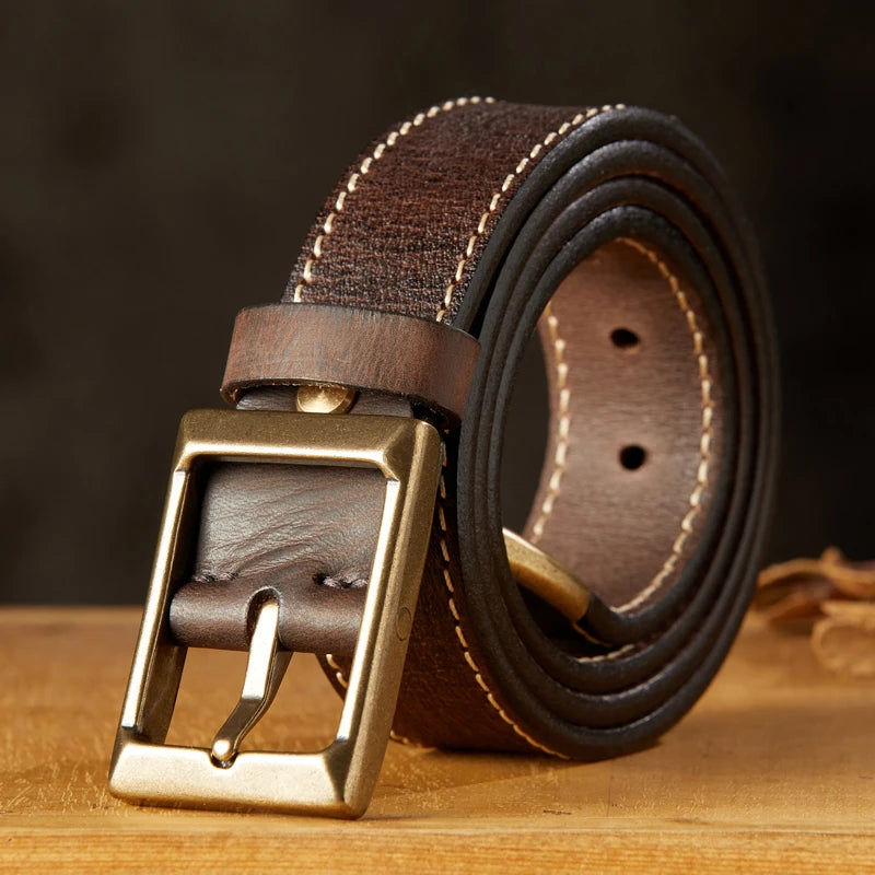 Ceinture en cuir véritable vintage épaisse faite à la main pour hommes Ceinture en cuir de vachette véritable à 100 % Ceinture pour jeans Rétro Pure Cooper Boucle ardillon