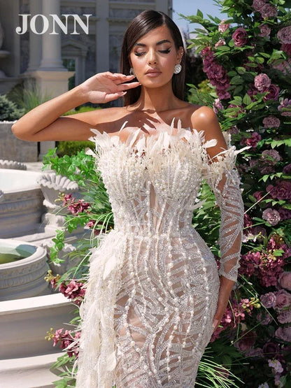 JONN Elegant Long Dress for Women One Shoulder Luxury Feather Pearl Sequins Wedding Party Maxi Prom Gown Stylish Evening Wear