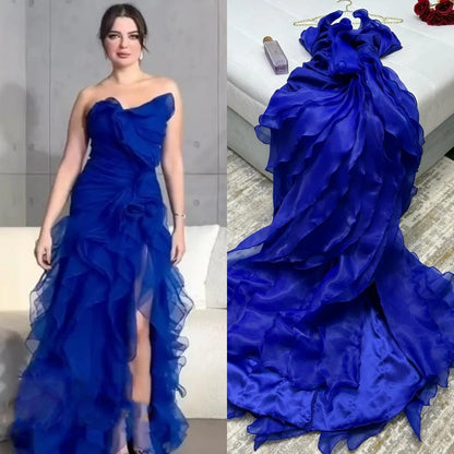 Vestidos largos de fiesta de organza con volantes y corte A sin tirantes a medida para ocasiones especiales