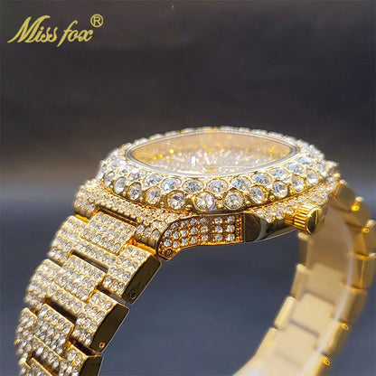 Reloj dorado para hombre, con diamantes, estilo hip hop, de cuarzo, con doble esfera, resistente al agua, para verano