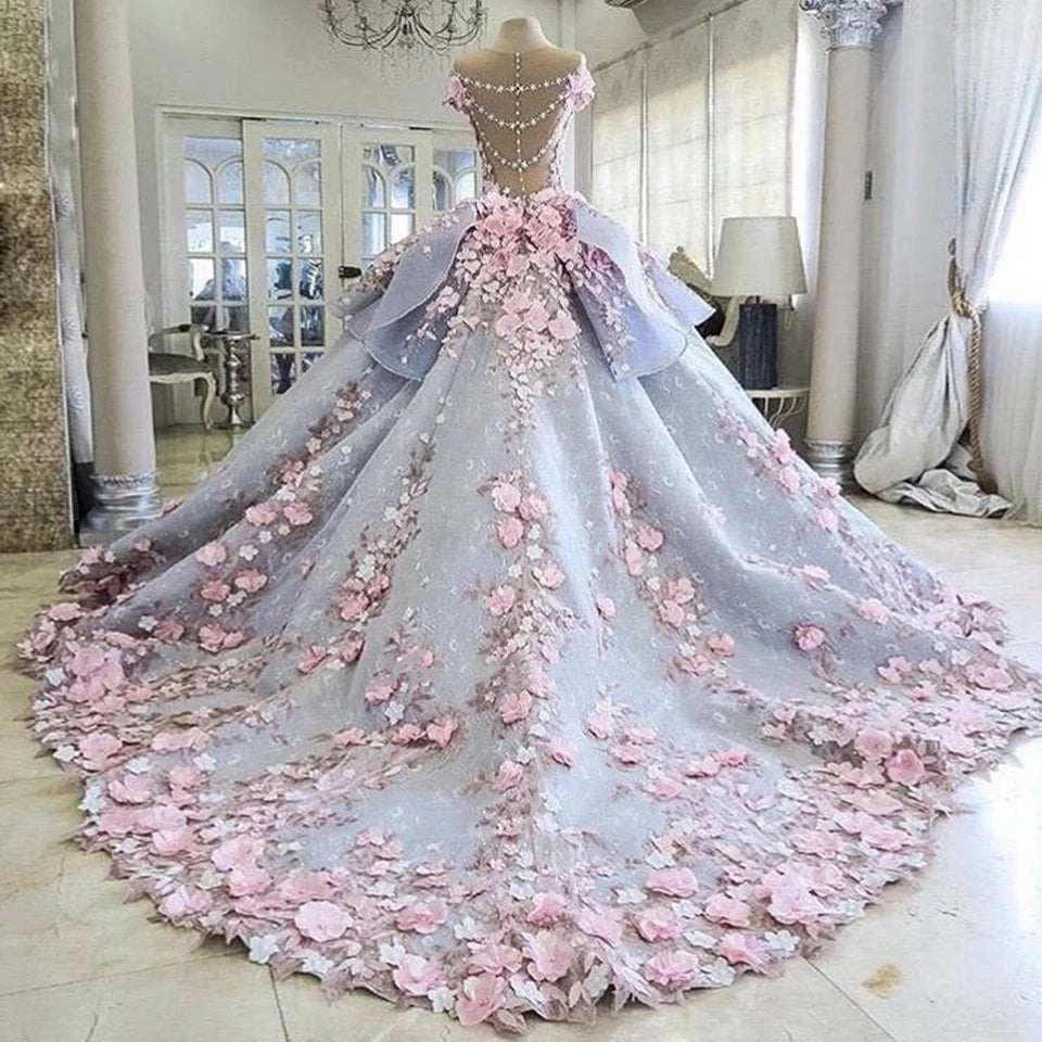 Exquisitos vestidos de novia con apliques de flores 3D 2023, vestidos de novia de princesa con volantes de tul, vestido de novia con cola de corte