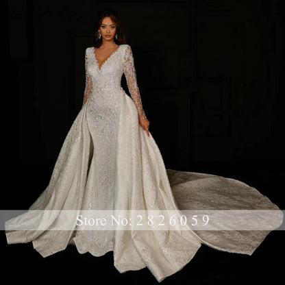 Lceland Poppy V Neck Lace Mermaid Wedding Dresses Full Sleeves Beaded 2 Pieces Bridal Gowns with Detachable Train