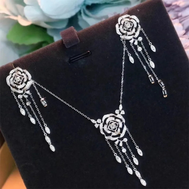 Newly Designed Hollow Rose Flower Tassels Necklace Earring Elegant Women's Silver Color Jewelry Accessories Valentine's Day Gift