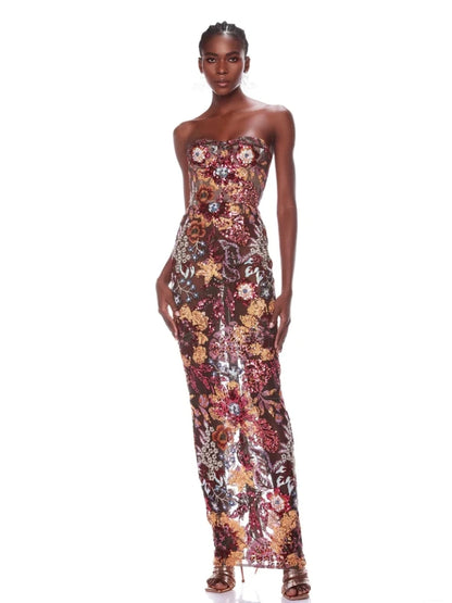 Nouvelle robe longue sexy sans bretelles à paillettes florales pour femmes, robe de soirée de luxe à paillettes florales, dos nu, longue et fine