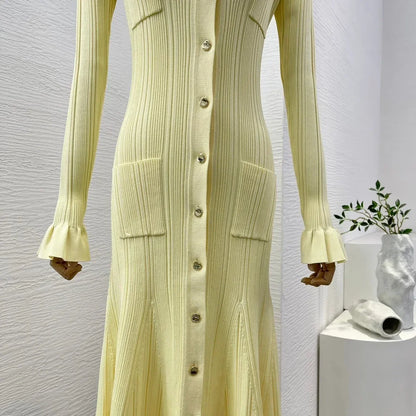 Robe sirène mi-longue à manches longues en tricot slim jaune de qualité supérieure 2024 Nouveaux vêtements pour femmes