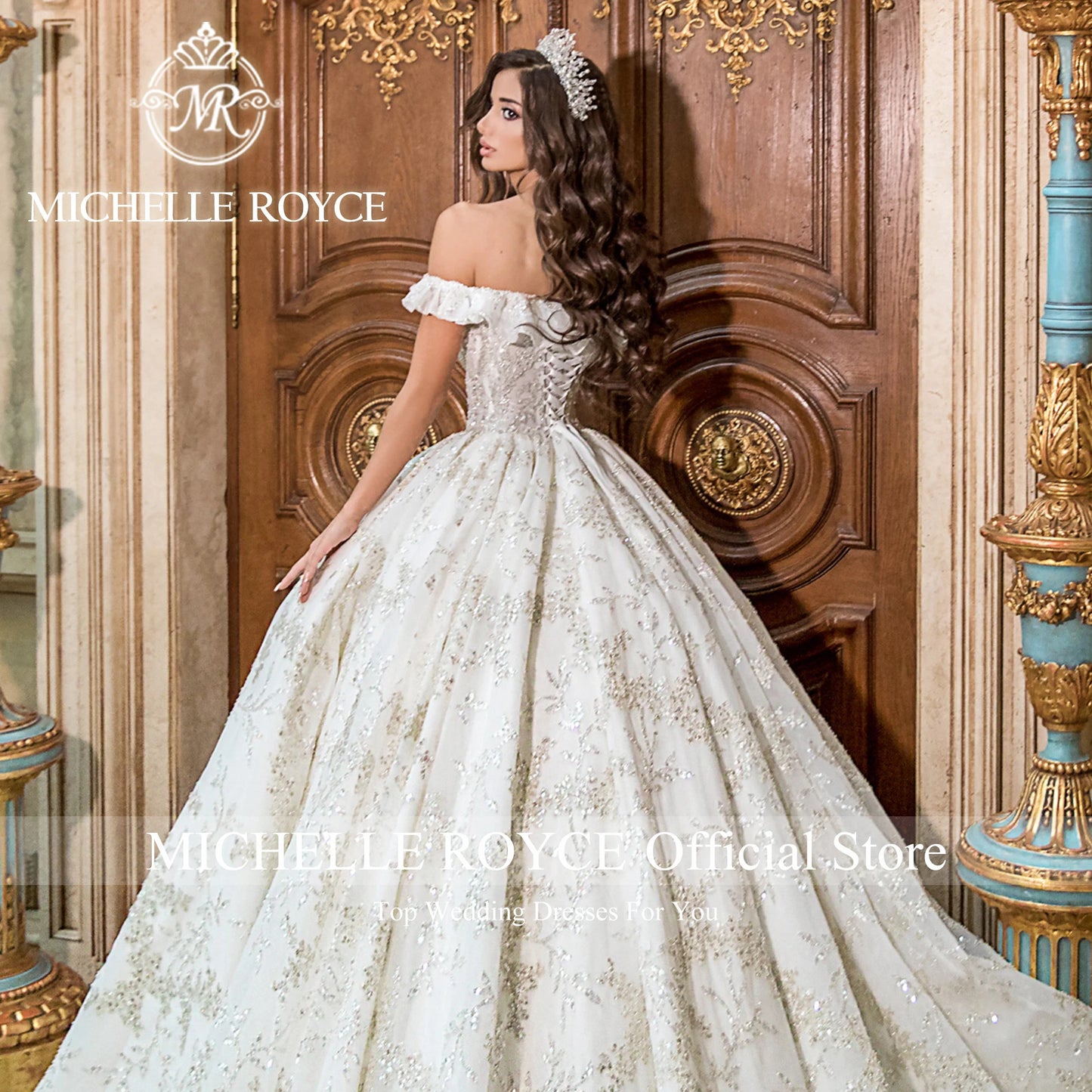 Vestido de novia de lujo de Michelle Royce 2023 con escote corazón, volantes, lentejuelas y hombros descubiertos