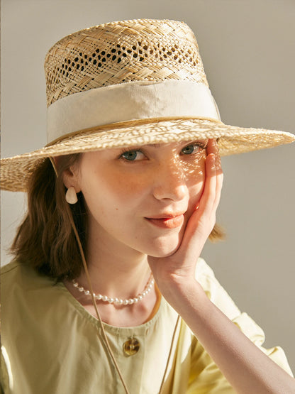 USPOP Femmes Printemps et Été Nouvelle Mode Protection Solaire Chapeau de Soleil avec Cravate Chapeau de Paille Tissé à la Main Creux Sisal Plat Haut Chapeau de Paille