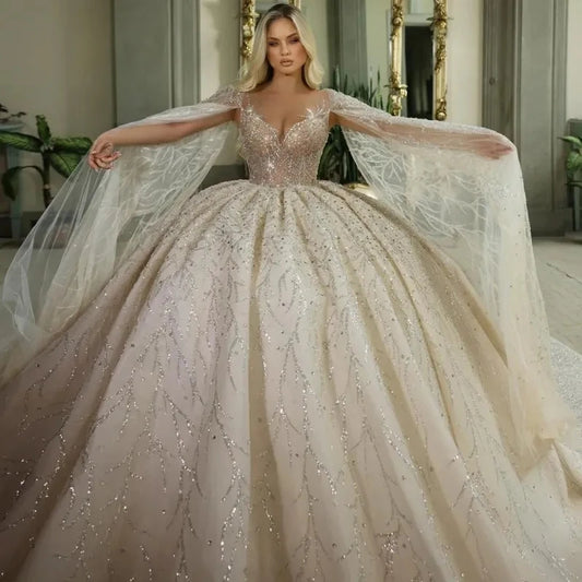 Vestido de novia de lujo con bola brillante, apliques de cuentas y capa, vestido de novia princesa, bata de boda