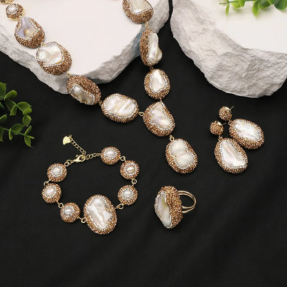 Natural Baroque Shaped Pearl Women 18K Gold Plated Jewelry Necklace Bracelet Earring Ring Fashion Designer Jewelry Sets