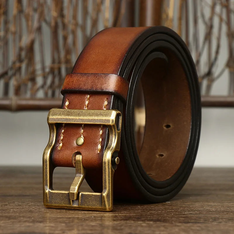 3.8CM Pure Cowhide High Quality Genuine Leather Belts for Men Strap Male Brass Buckle Fancy Vintage Jeans Cowboy Thicken Cintos