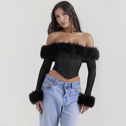 Oligai Long Sleeve Corset Top Faux Fur Collar Bodycon Cropped Top Sexy Black Elegant Off The Shoulder Blouse Women's Clothing