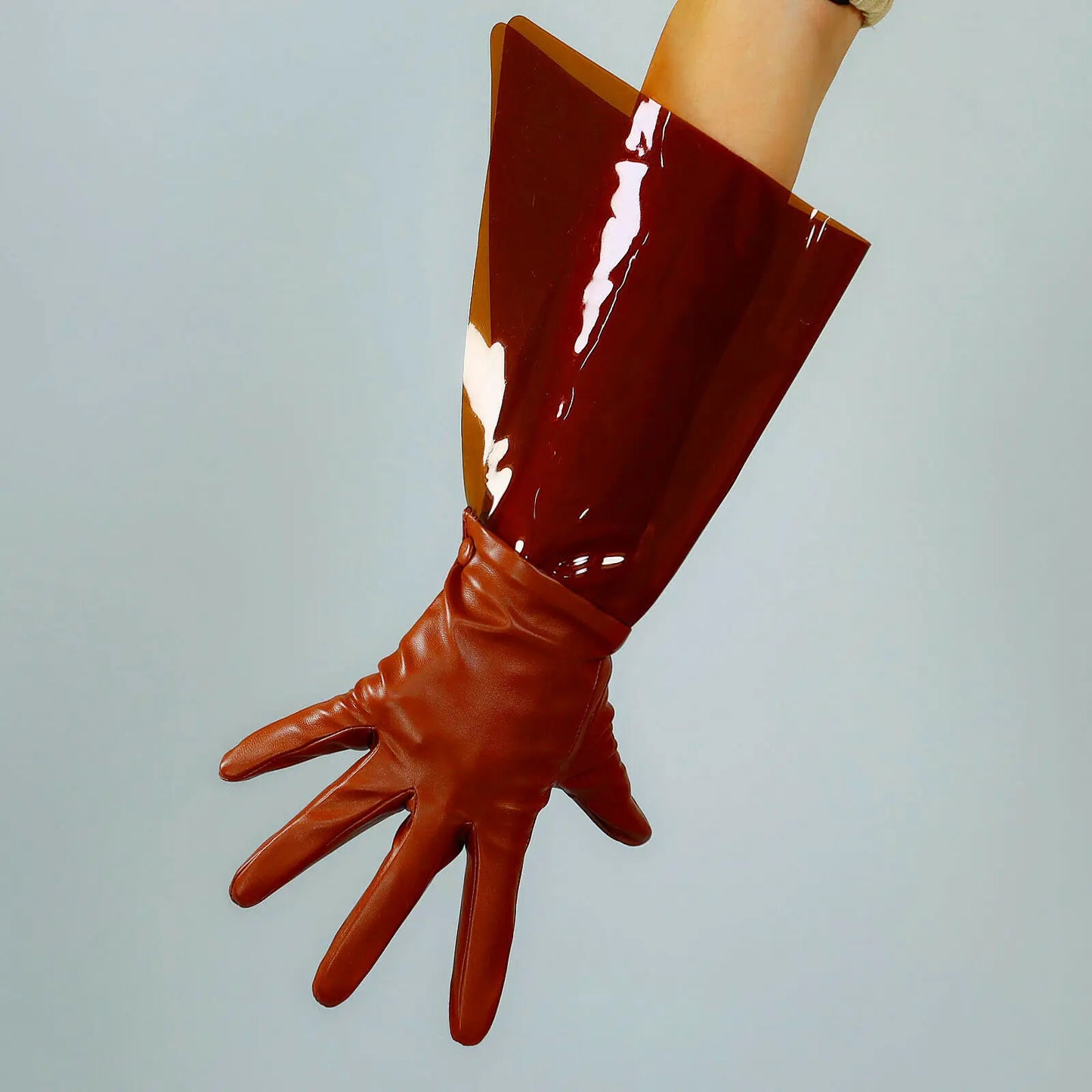 CLEAR PVC GLOVES Plastic Ruffle Transparent Sleeves Faux Leather Brown 38cm Long Evening Dressing Party Cosplay Halloween Glove