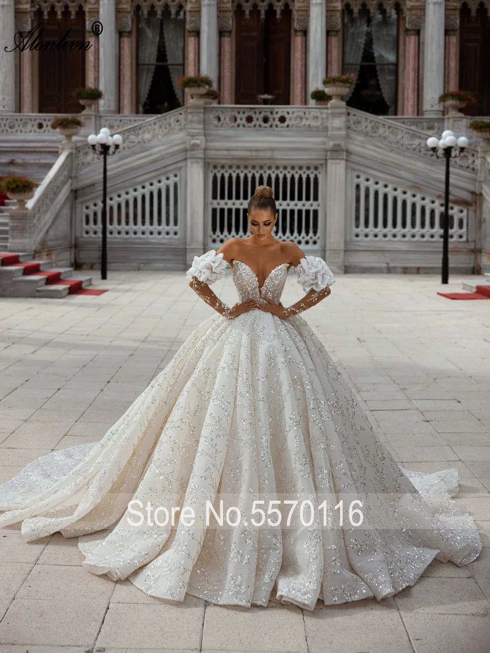 Alonlivn Exquisite Bling Pearls Lace Sweetheart Ball Gown Wedding Dresses Off Shoulder Sleeves Graceful Embroidery Bridal Skirts