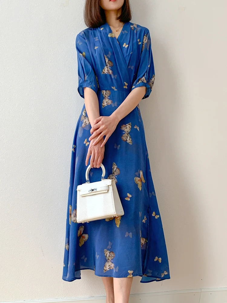 SuyaDream Women Maxi Dresses 100%Silk Crepe De Chine V Neck Printed Wrap Long Dress 2023 Spring Summer Holiday Clothes Blue