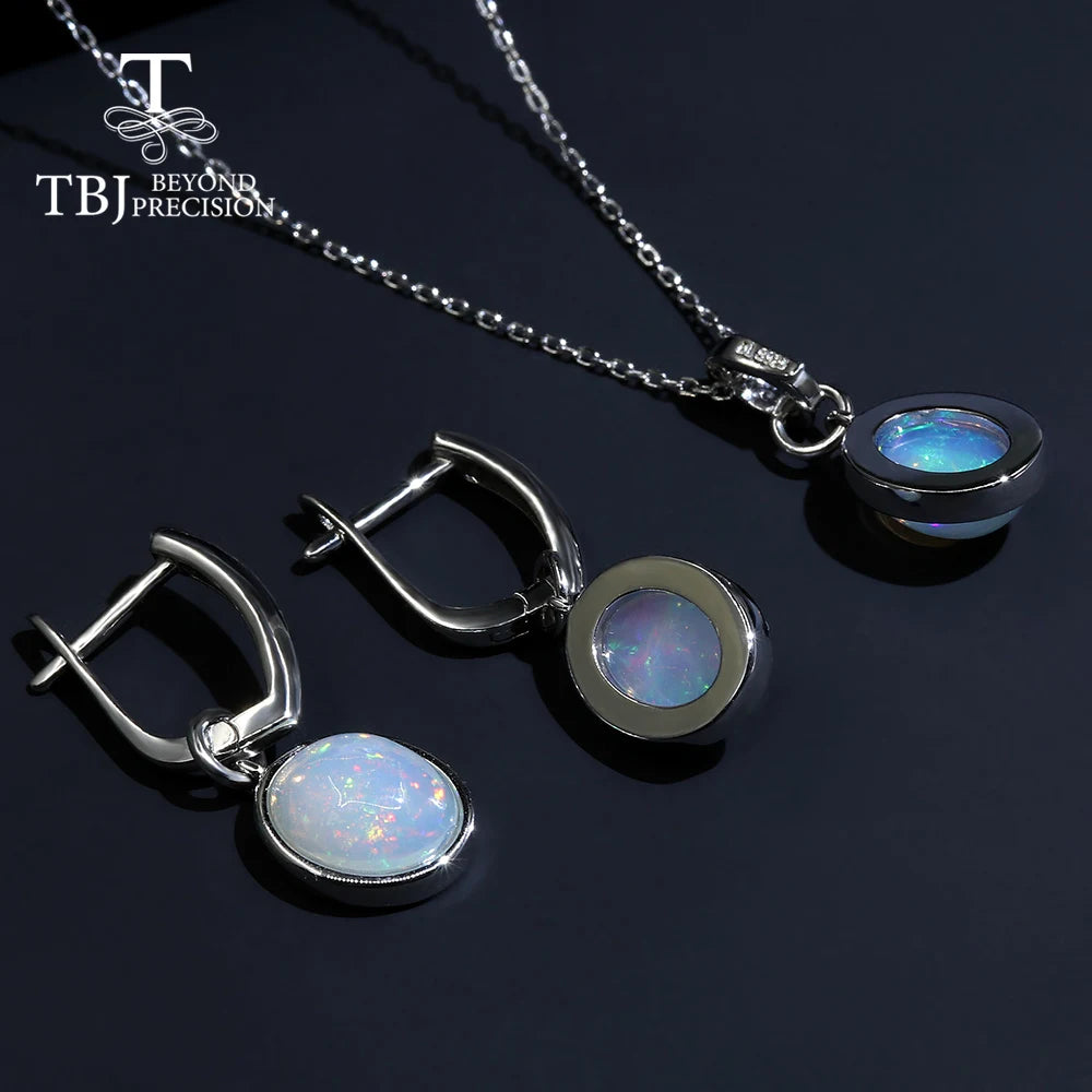 TBJ 100% coloré brillant opale ovale 8*10mm pendentif en pierre précieuse boucle d'oreille ensemble de bijoux en argent sterling 925 pour femmes cadeau unique