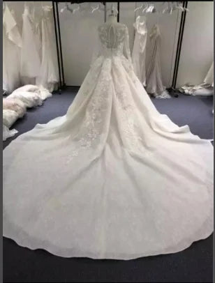 Vestido de novia con escote redondo y flores 3D para mujer, con encaje y cristales, vestido de novia de cola real XF17180