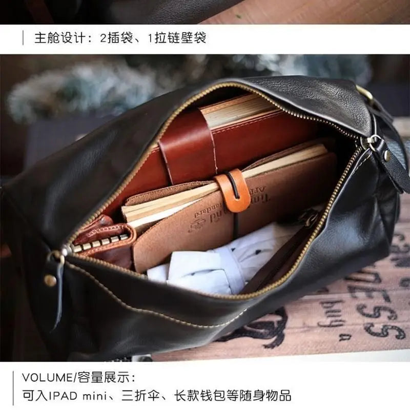 Vintage Square Bucket Bag Leather Casual Chest Bag Men's Cowhide Motorcycle Fanny Pack Single Shoulder Crossbody Purses Handbags