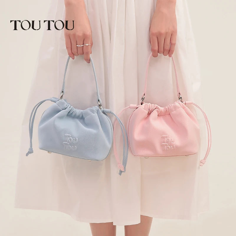 TOUTOU Bolso de mano para mujer, serie Sweet Food, bolso de nube plegable, nuevo bolso de verano 2024 con cordón, bolso cruzado de un solo hombro, bolso desgastado