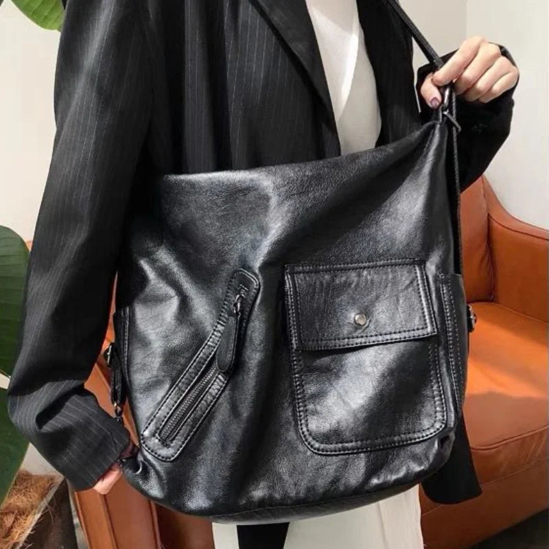 Sac à bandoulière vintage noir MBTI pour femme, sac messager de luxe uni pour moto, sac à dos multifonctionnel de grande capacité