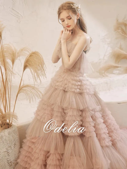 Vestidos de celebridades color rosa polvoriento con capas, princesa, marfil, sin tirantes, con cordones, largos, sin mangas, elegantes, de tul, para bodas, fiestas de noche