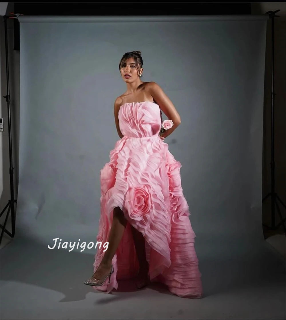 Jiayigong  Prom  Exquisite Strapless  Gown Flowers Pleat Satin Bespoke Occasion Dresses