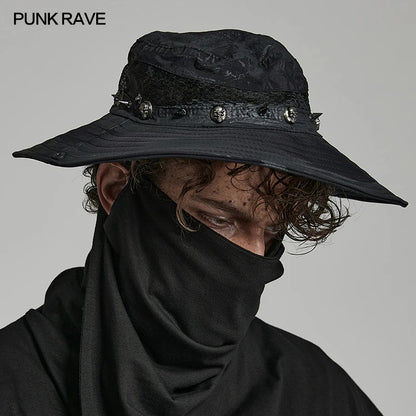 PUNK RAVE Men's Post Apocalyptic Style Distressed Hat Breathability Mesh Decadent Can Fold The Brim Casual Men Caps Sun Hats