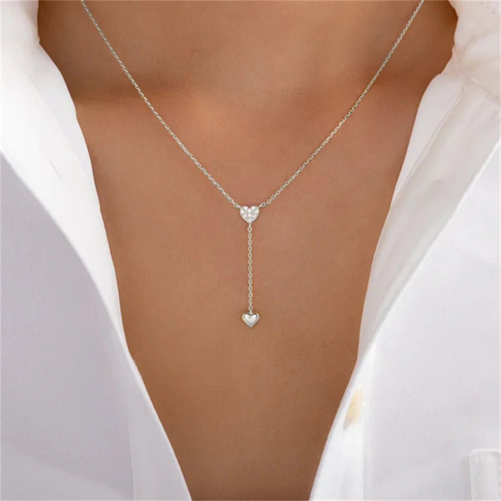 Aide 925 Sterling Silver Dual Heart Y-Shaped Chain Pendant Necklace For Women High Quality K Gold Collar Elegant Jewelry Gift