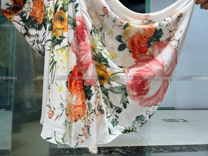 Vestido largo holgado de seda con escote en V, estampado de flores y cuentas, manga acampanada y cintura alta para mujer