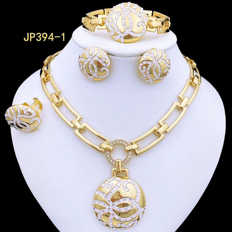 Ensemble de bijoux pour femmes au design classique, collier, boucles d'oreilles, bague, bracelet, pendentif, plaqué or 18 carats, bijoux de haute qualité pour fête de mariage