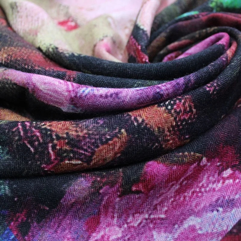 High-end Elegant Women's Oil Painting Potted Flower Double-sided Print Quality Silk Wool Hand-rolled Edge Warm Large Scarf Shawl