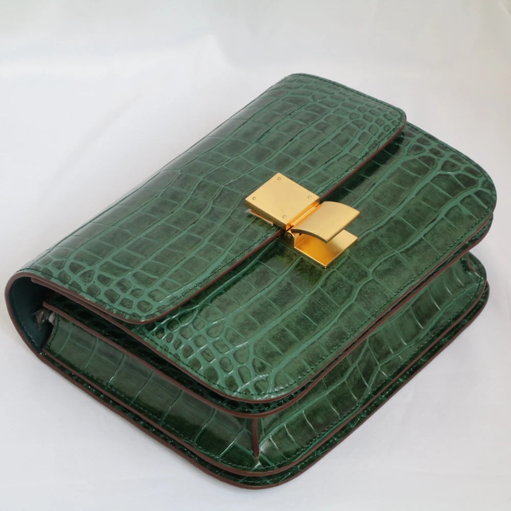 Green Fashion Crocodile Pattern Box Bag Genuine Leather Bag For Women Real Cowhide Leather Female Shoulder Crossbody Bag Flap