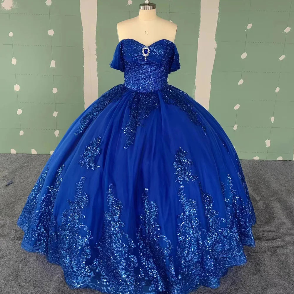 Sapphire Blue Elegant Quinceanera Dress Sweet Girl Appliques Beading Princess Ball Gown Birthday Party Prom Dresses Wc019